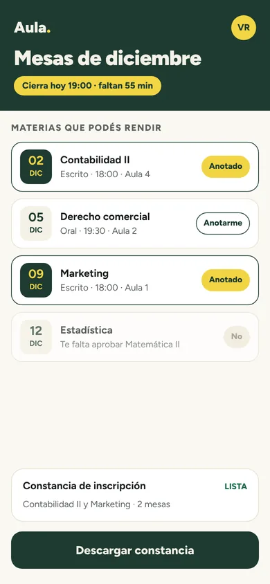 Inscripción a mesas de examen en el celular