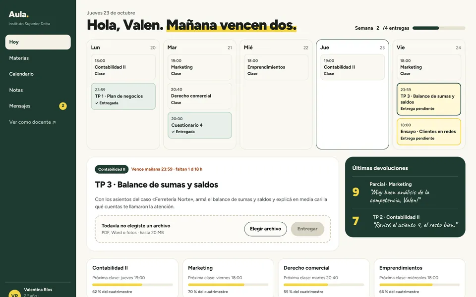 Campus de concepto Aula: semana del alumno con entregas y clases