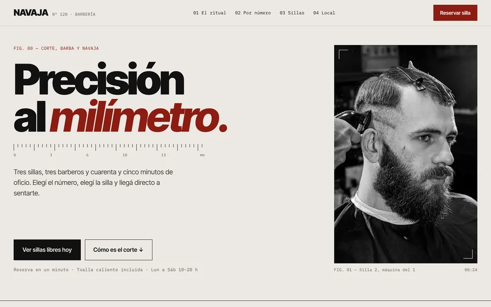 Sitio de concepto de la barbería Navaja con el título Precisión al milímetro