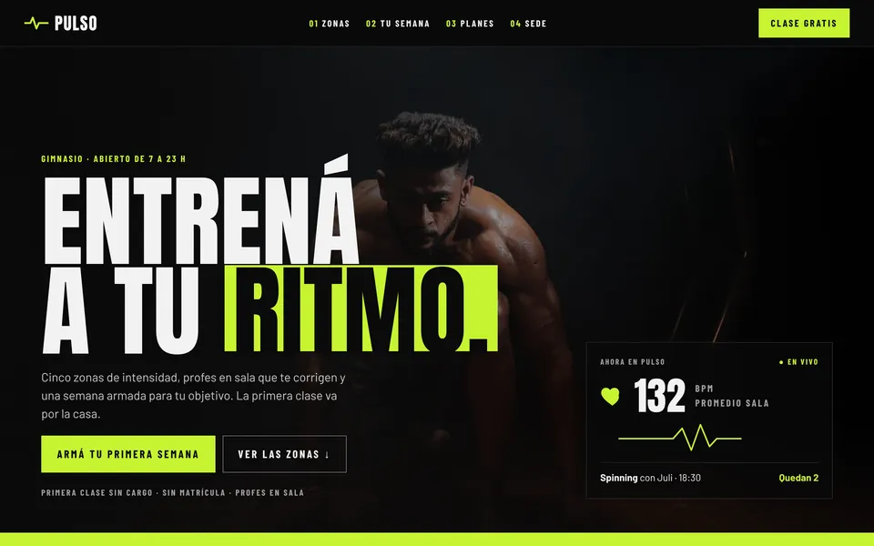 Sitio de concepto del gimnasio Pulso con el título Entrená a tu ritmo