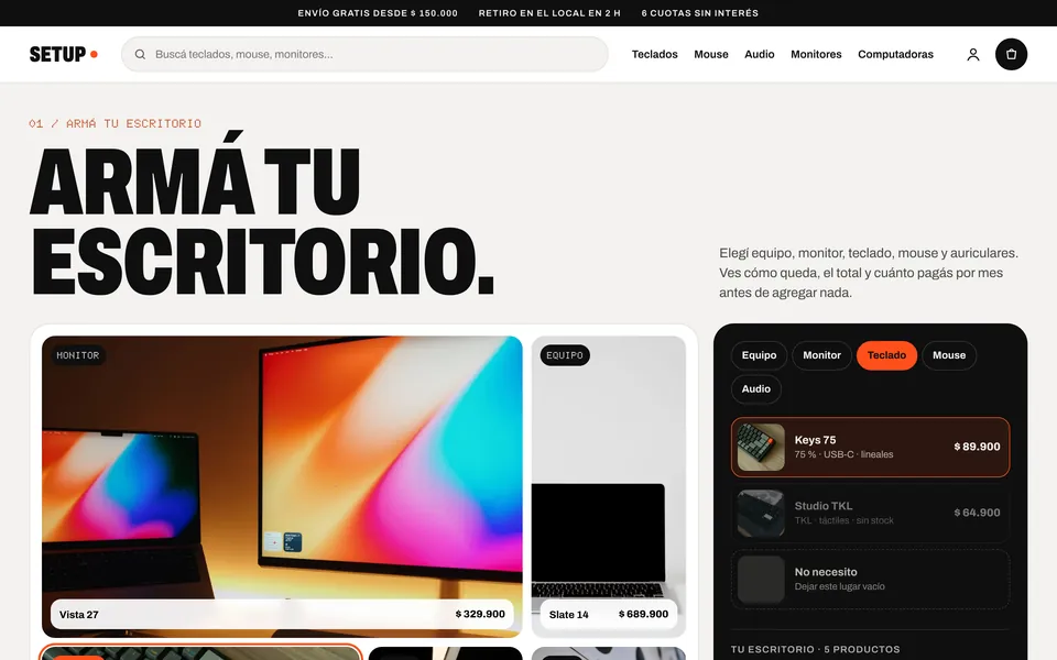 Inicio de la tienda de concepto SETUP con el armador de escritorio