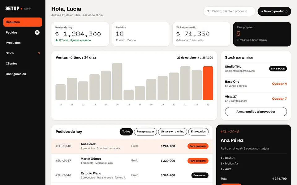 Panel de administración de SETUP con ventas, pedidos y stock