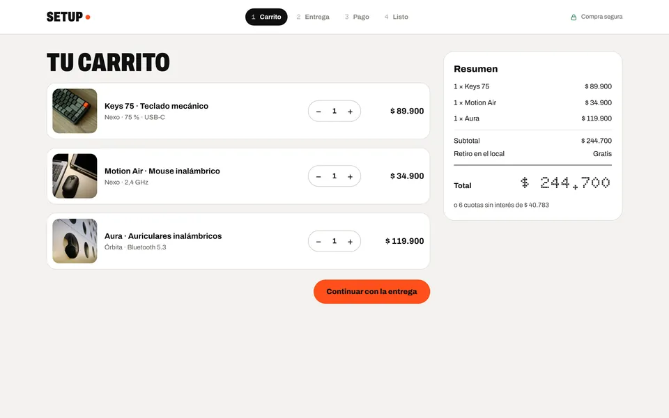 Carrito de SETUP con resumen del pedido